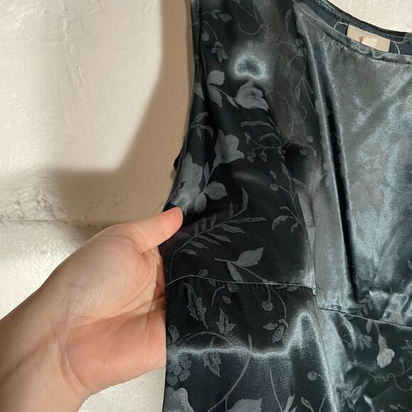 Vintage Dark Teal Satin Maxi Dress Floral Empire Waist Tie Back Sleeveless Sz 10 - Picture 4 of 11